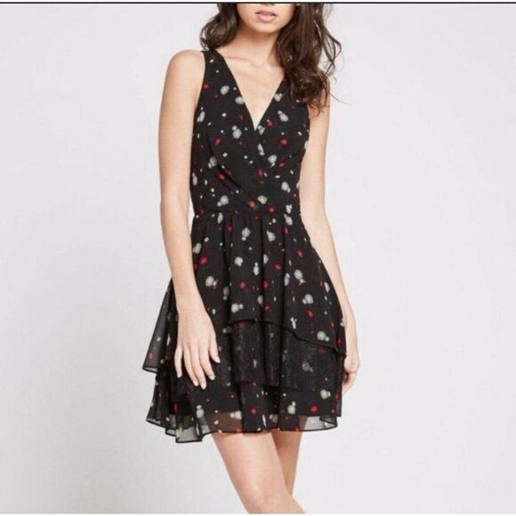 BCBGeneration Women Black Daisy Print Ruffle Layered Mini Halter Dress Size 4 NW - Picture 4 of 12